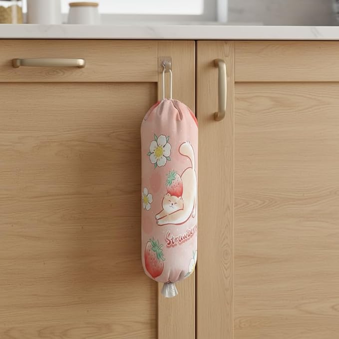 Plastic Bag Holder, Wall Mount Plastic Bag Organizer Dispenser Reusable Grocery Bag Organizer for Home Kitchen(Strawberry)
