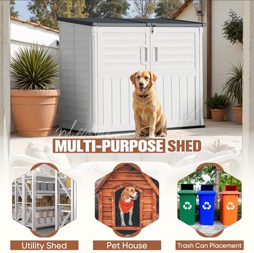 TUOZE 34 Cu Ft Resin Storage Shed, Waterproof Outdoor Storage Cabinet with Sloping Roof & Lockable Lid for Garden Tools, Trash Cans (Beige)