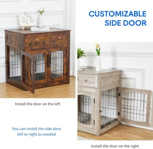 Dog Crate Furniture with Double Storage Drawers, Wooden Dog Kennel End Table Furniture Style Crate for Small, Medium & Large Dogs, Decorative Pet House with Storage, 32 Inch Gray Modern Dog Cage