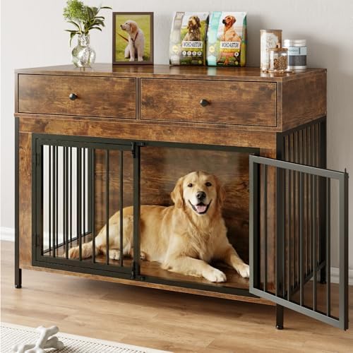 2 Pcs Large Dog Kennel Furniture with 2 Drawers, Wooden Dog Crate, Brown | 44 inch dog crate furniture with storage, decorate end table, dog cage for small medium large dogs