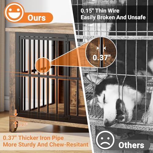 YaFiti 31.5" Wooden Dog Crate Furniture for Medium/Small Dogs, Rustic Brown | Adjustable Feeder, 2 Bowls, Chew-Resistant, Heavy Duty, Dog Kennel Indoor, Decorative Side End Table, Pet Cage House