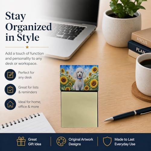 Caroline's Treasures White Poodle in Sunflowers Watercolor Sticky Note Holder Refillable Dispenser Desk Accessory 3x3 Pad Gift