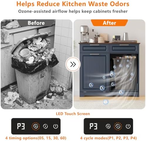 Double 10 Gallon Tilt Out Trash Can Cabinet with Deodorizing Function and Power Outlet, Wooden Hidden Garbage Can Holder with 2 Storage Drawers for Kitchen, Laundry Hamper Cabinet for Bathroom, Blue