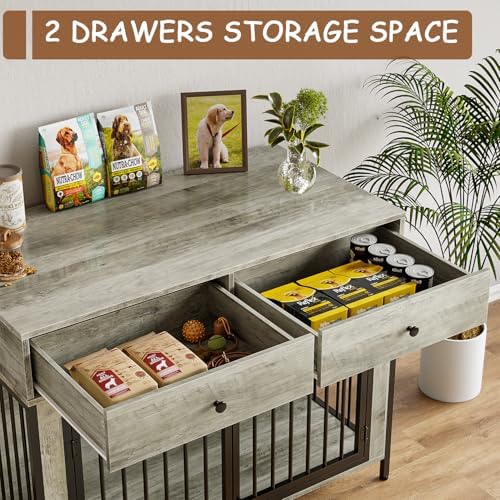 2 Pcs Large Dog Kennel Furniture with 2 Drawers, Wooden Dog Crate, Grey | 44 inch dog crate furniture with storage, decorate end table, dog cage for small medium large dogs