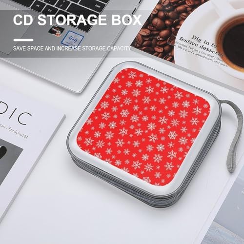 40-Capacity DVD CD Storage Wallet Red Snowflake Christmas, Heavy-Duty Hard Shell Binder, Portable Organizer with Strap for Car Travel