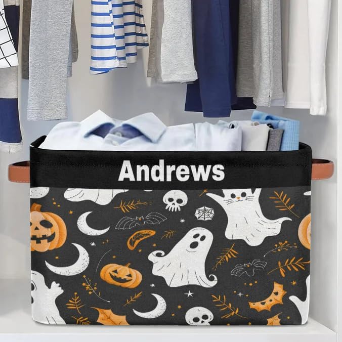 Custom Rectangular Baby Storage Basket, Kids Toys Bin, Books Shelf Basket, Clothes Towel Storage Bin for Nursery, Gift Basket, Pet Basket, Happy Halloween Ghost Pumpkins Bat Leaves