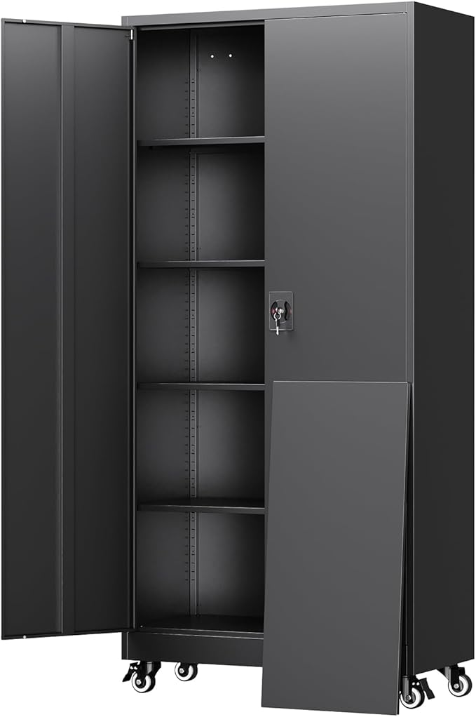 Metal Garage Storage Cabinet with Locking Doors and Adjustable Shelves,- 75" Rolling Steel Tool Cabinet for Home Office,Garage,Warehouse
