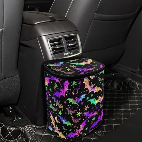 DISNIMO Colorful Bat Car Trash Can Car Accessories Organizer Garbage Bag Dustbin Container with Zipper Lid Waste Basket Storage Pockets Hanging Vehicle Trash Bin
