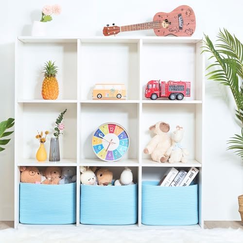 MINTWOOD Design 3-Pack Decorative Woven Storage Baskets for Shelves, Cube Bin Box for Organizing Books, Shoes, Dog Toys, Pantry Closet and Living Room Organizer, Sky Blue
