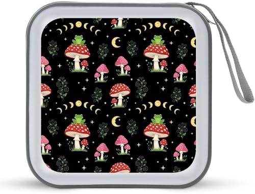 40-Disc CD/DVD Protective Case Frog Mushroom, Hard Plastic Binder with Zipper, Portable Storage Organizer for Travel Office