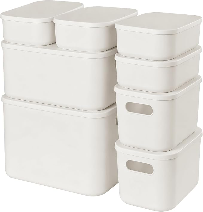 ANMINY White Plastic Storage Bins Baskets with Lids, 8-Pack, 1XL+1L+2M+4S | Large Plastic Bins, Sturdy PET, with Handles, Stackable, Opaque Storage Boxes, for Closet Shelves Desk, White Lids