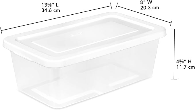 Sterilite 6 Quart Storage Box, Clear Plastic with White Snap Lid, 12 Pack