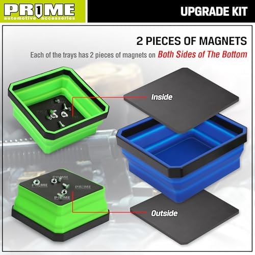 PR1ME Upgrade Collapsible Magnetic Parts Tray Set, 3 Pack, Foldable Magnetic Tool, 4.25 inch Square Silicone Bowls with Magnetic Base Stores and Organizes Small Parts and Tools