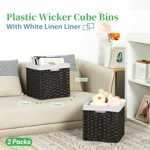 Bidtakay Wicker Cube Baskets with Liners 11 inch 2 Pack Waterproof Imitation Hand-Woven Wicker Storage Baskets for Shelves and Organizing Pantry and Bedroom Blackish-tan