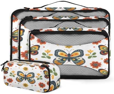 Flower Butterfly 4 Set Packing Cubes Luggage Organizer Bags for Travel Accessories and Essentials, Floral Butterflies