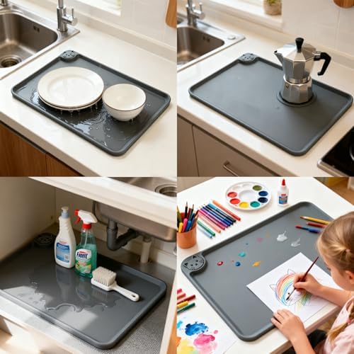 Silicone Pet Feeding Mat, 19"x12" Silicone Placemat for Dog Cat Food Water Bowl, Raised Edge Waterproof Under Sink Mats for Kitchen Drawer Shelf, Spill Proof Mat to Protect Floors