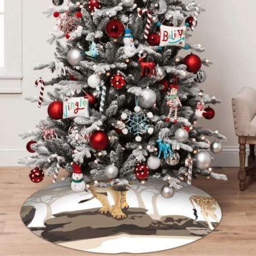 Christmas Tree Skirt, Soft Polyester Xmas Tree Skirts with Ribbon Ties, Rustic Farmhouse Holiday Illustration of Wild Savannahs African Animals Exotic Giraffe Lion Elephant Zebra (2) 30"