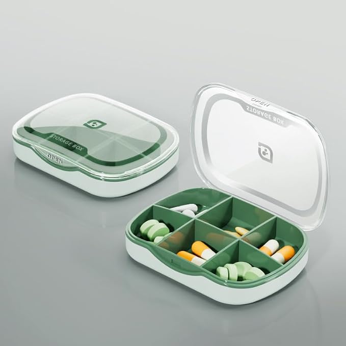 Travel Pill Organizer Box, 6 Compartment Weekly Medicine Container | Reminder for Purse Pocket, Daily Pharmacy Case, Medication Holder Dispenser for Fish Oil, Vitamin, Cod Liver Oil, Supplement