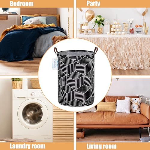 Round Laundry Basket Collapsible Storage Hamper Organizer Black diamond | Waterproof Canvas Foldable Baskets with sturdy Handles Multi-scene Organizer for Home Play Bedroom Gift Bin
