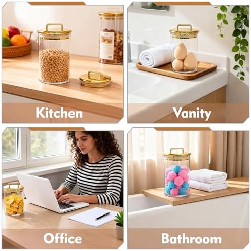 3-Pack Clear Acrylic Apothecary Jars with Gold Lids, Gold Candy Jar for Coffee Bar, Bathroom Vanity Canisters for Q-Tips, Cotton Balls & Small Treats