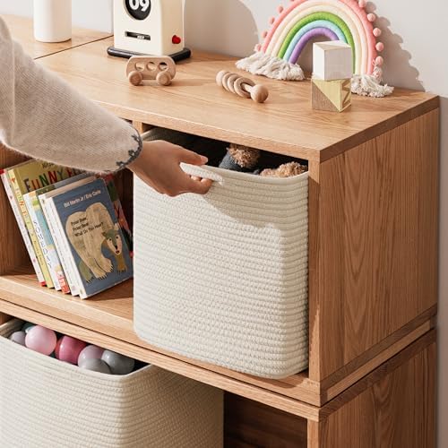 joybest 13inch Cube Storage Bins, Cotton Rope Woven Organizer Basket | Set of 4 Cube Bin Square Shelves Organizer Closet Storage, Nursery, Toy Organization, Beige