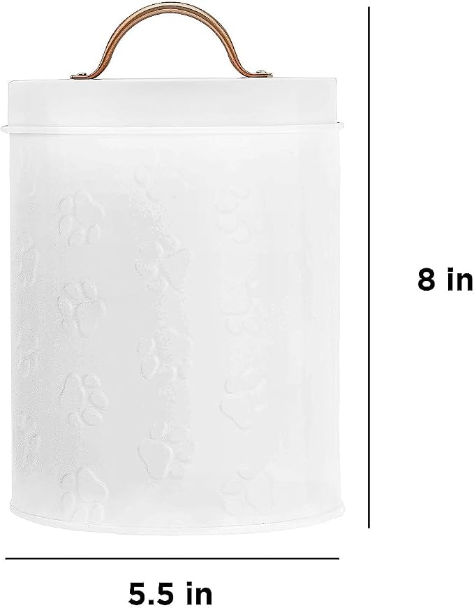 Amici Pet Puppy Paws White Metal Food Canister, Small, 64oz | Small Airtight Pet Food Storage Container with Silicone Gasket Lid, Embossed Paw Print for Dog & Cat Food, Treats & Kibbles