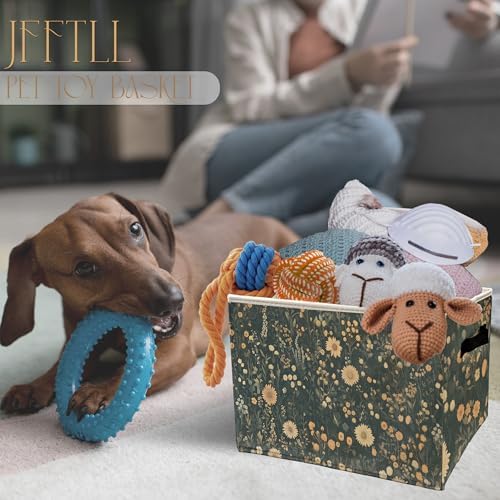 Vintage Boho Wildflower Storage Bins with Handles, Dark Cottagecore Floral Botanical Collapsible Laundry Basket Storage Box for Home Bedroom Bathroom Clothes Toys Books