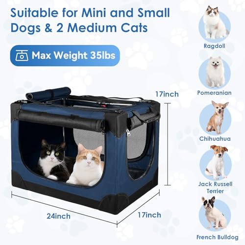 24 Inch Collapsible Soft Dog Crate for Small Dogs, Travel Dog Crate Bule | Portable Dog Crate Soft Sided, 4-sided Mesh Vents, Foldable with Storage Bag, Fit Small Dogs & Large Cats, Indoor/Outdoor