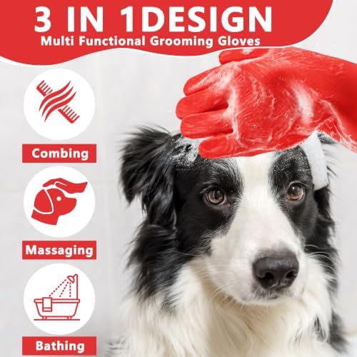 Pet Grooming Gloves—Dog Washing Gloves with High-Density Teeth, Dog Bath Scrubber with Enhanced Five Finger Design, Silicone Gloves for Dogs and Cats Bathing, Massage (Bright Red)