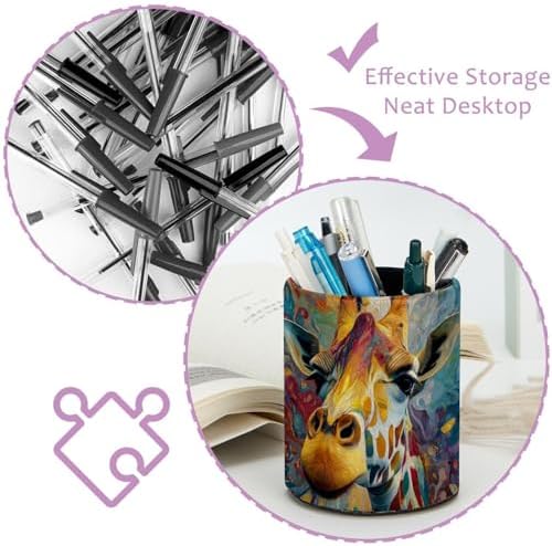 Faux Leather Pen Holder for Desk, Pencil Organizer Giraffe Pen Cup Desk Decor Makeup Brush Holder Storage for Office Home