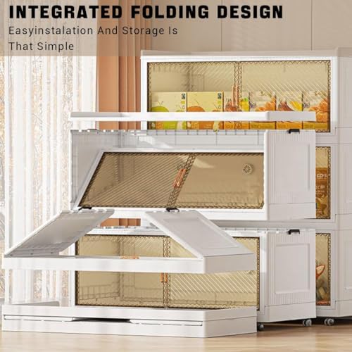 Stackable Storage Bins with Lid,147Gal Closet Organizers and Plastic Cabinets Shelves, Collapsible Drawers with PET Clear Doors, Foldable Boxes with Wheels for Home Office, 3Pack (590QT)