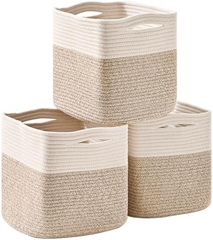 ICERZCZ 11 Inch Cube Storage Bins, Organizer Woven Cotton Rope Square Baskets for Organizing Shelves, Toys, Nursery, Off White & Brown (Pack of 3)
