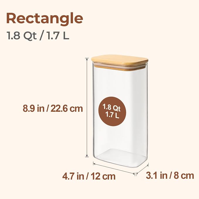 ComSaf Glass Storage Containers with Lids 1.8 Qt, 3 Pack Pantry Organizers | Glass Jars with Bamboo Lids, Rectangle Pantry Jar, Kitchen Canisters, Dry Food Storage Cereal, Flour, Sugar, coffee, BPA Free