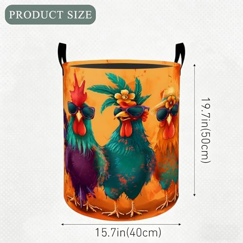 Funny Chicken Laundry Basket Hamper, Organizer Bins Gifts for Women Kids, Cool Rooster Farmhouse Foldable Waterproof Clothes Hamper Handles Storage Bucket for Bedroom Bathroom Room Decor 19.7"x15.7"