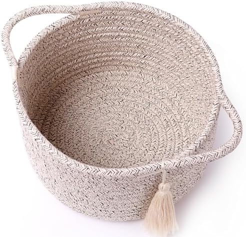 Small Gift Basket Empty to Fill, Gift Bag & Ribbon, Natural Beige | Cute Decorative Mini Woven Rope Basket with Handles for Gifting; Reusable for Bathroom Counter or Desk Catchall, 8 x 4.7 in