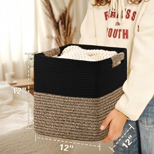 12 Inch Storage Cubes, 3 Pack Cube Storage Bins for Organizing, Cotton Rope Woven Baskets for Shelves, Bathroom, Kids Room, Closets, Baby Nursery