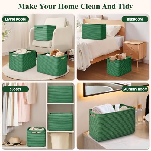 Storage Baskets for Organizing, 4 Pack Baskets for Shelves, Decorative Storage Bins for Shelves, Cotton Rope Storage Basket with Handles, Woven Basket for Storage, 13''Lx8.7''Wx7.9''H, Green