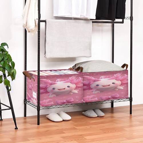 Axolotl Bows Kawaii Storage Bins Cute Pets Collapsible Storage Basket Box with Handles Organizer for Clothes Shelves Closet Cabinet Home Office, 1PC
