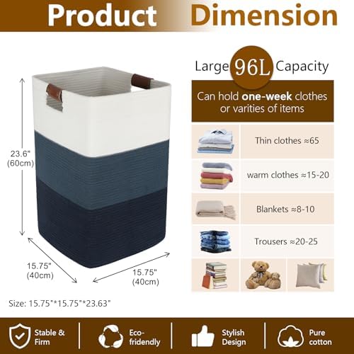 Laundry Hamper 96L Extra Large Laundry Basket, Woven Blanket Basket | Cotton Woven Storage Hamper with Handles for Living Room, Large Baskets for Pillows, Blankets, Clothes-Gradient Blue