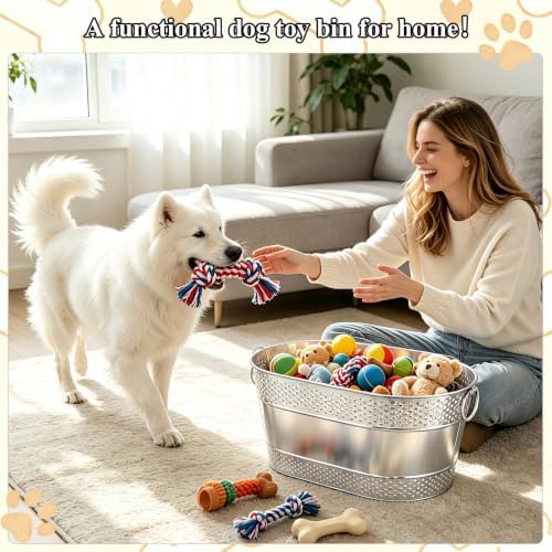 Indestructible Metal Dog Toy Storage Bin, Silver Pet Toy Storage Basket for Living Room Area, Sturdy Chew Proof Puppy Toy Box with Handle, Large Capacity 25 Quart