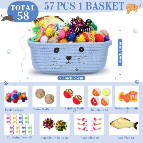 Zopeal 58 Pcs Summer Cat Storage Basket Gift Toys Set, Colorful Flashing Balls Pet Bell Crinkle Balls Spring Toys Attract Cat to Swat, Hunt, Interactive for Pet(Light Blue,9.8 Inch)