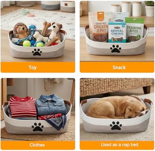Woven Dog Toy Basket Large 100% Cotton Rope Basket for Dog Cats Toys Dog Toys Box for Living Room Area-Trapezoid Dog Toys Bin-Nursery Gift for Pet Toys,Collar,Leash,Blanket,Clothes-Brown