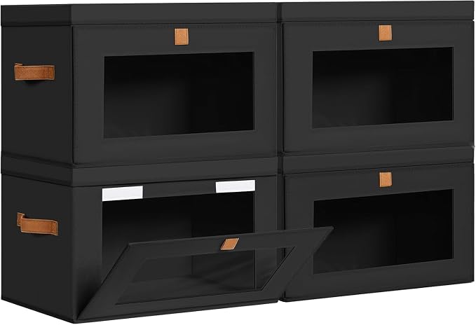DIMJ Storage Bins with Lids - 4 Pack Large Fabric Closet Organizer with Window & Handles, Collapsible Decorative Storage Boxes for Shelves Under Bed, Books Clothes Blankets Sweaters Organization
