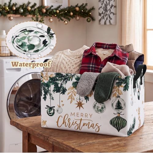 Chunful 4 Pack Christmas Tree Storage Baskets Watercolor Green Pine Snowflake Collapsible Storage Bins with Handles, Merry Christmas Foldable Organizer Laundry Baskets for Home Closet Bedroom Office