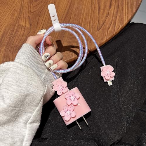 Cute Flowers Cable Protector for iPhone Charger Cover,3D Floral Cherry Buds Blossoms Charger Cord Protector for Women Girl,DIY Phone Cord Protector Charger Accessories for iPhone 14 15 16 Plus Pro Max