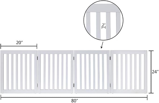 unipaws 24”H Free Standing Pet Gate for Dog Cat, 80”Wide Wooden Dog Gates | Foldable Pet Fence for Doorway, Stairs, Step, Expandable Doggy Barrier, Indoor Use, White