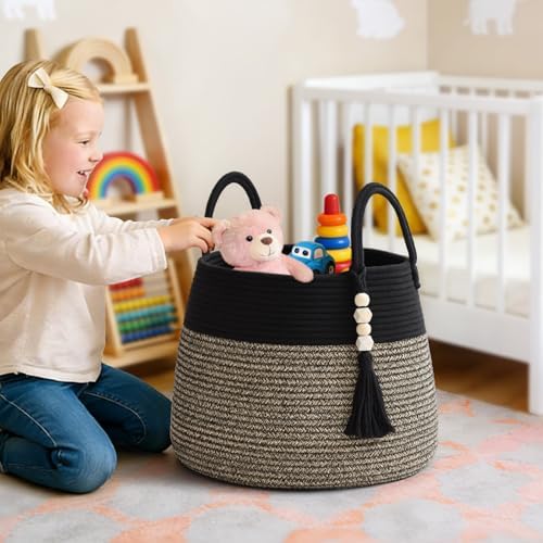 Large Nursery Hamper, 30L Blanket Basket with Handle, Baby Laundry Basket for Gift, Toy, Clothes, Woven Storage Basket with Wooden Bead Decor, Baby Hamper for Nursery (Black&Brown)