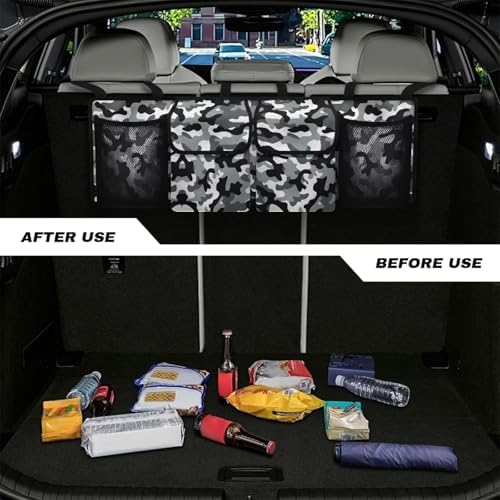 Dreaweet Grey Camo Car Trunk Organizer Back Seat Hanging Storage with 4 Pockets Collapsible Car Seat Back Storage Mesh Net Bag Trunk Organizer for SUV Sedan Trucks Van