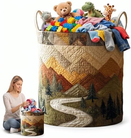 Home Office Quilted Storage Bin, Lightweight Fabric Basket with Handles, Collapsible Organizer for Magazines & Files(16" x 22")