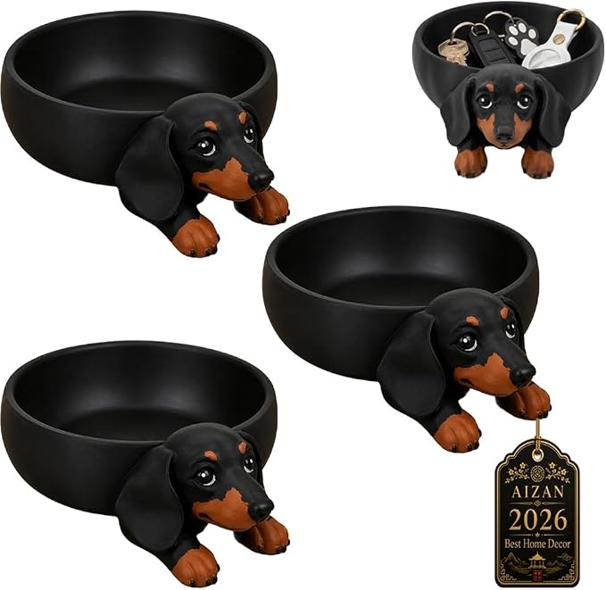 Dachshund Catch All Tray, Dog Key Bowl Jewelry Storage Holder Home Decor | 3D Printed Candy Dish Cute Trinket Organizer Decorative Animal Statue Desk Accessories Pet Lover Gift for Entryway(3PCS)